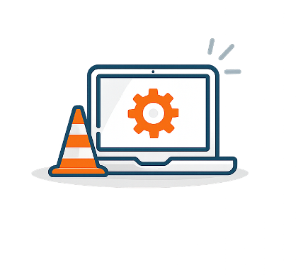 Laptop mit Zahnrad auf dem Bildschirm und ein Sicherheitshütchen daneben